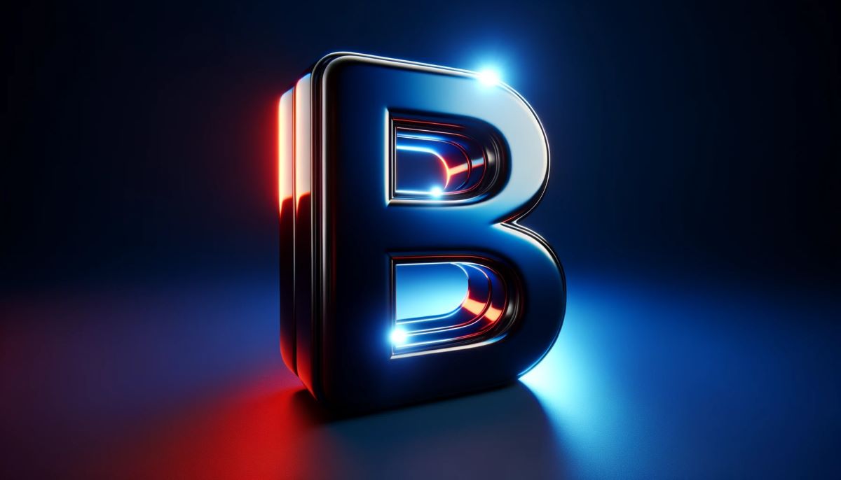 Letra feita graficamente em vermelho e azul representando o post de palavras em inglês com a letra B