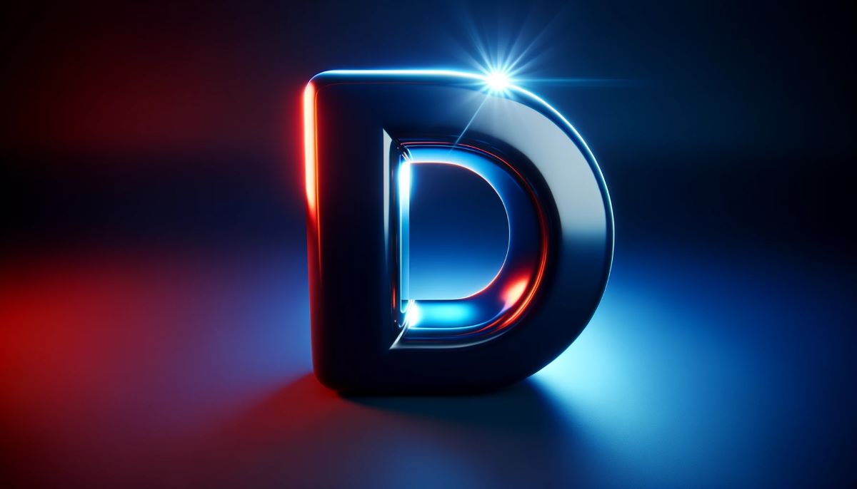 Letra feita graficamente em vermelho e azul representando o post de palavras em inglês com a letra D