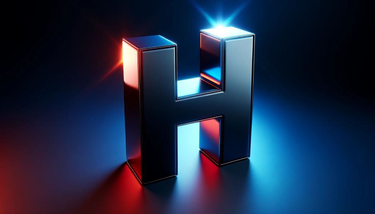 Letra feita graficamente em vermelho e azul representando o post de palavras em inglês com a letra h