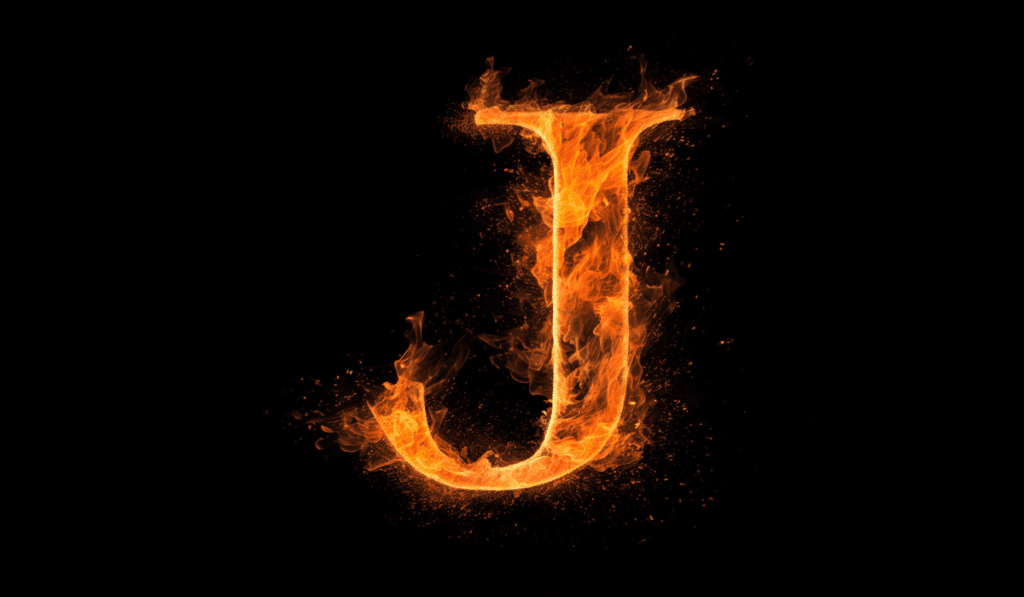 Letra J feita de fogo representando o post de palavras em inglês com a letra J