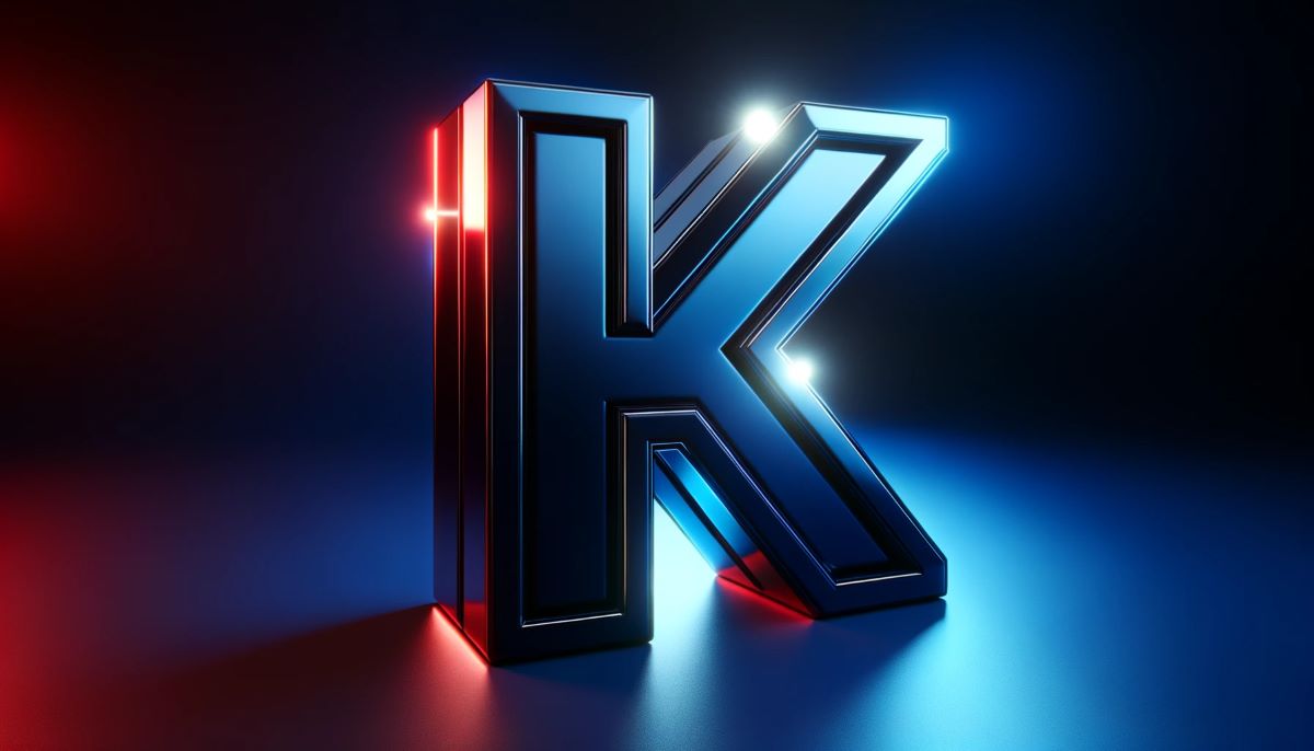 Letra feita graficamente em vermelho e azul representando o post de palavras em inglês com a letra k