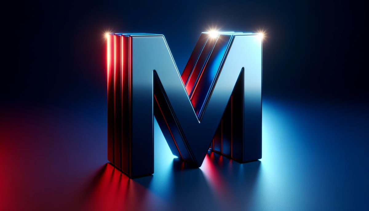 Letra feita graficamente em vermelho e azul representando o post de palavras em inglês com a letra M