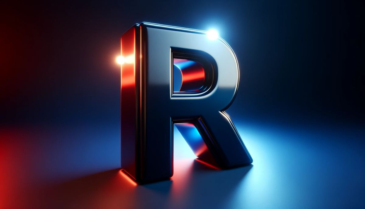 Letra feita graficamente em vermelho e azul representando o post de palavras em inglês com a letra r